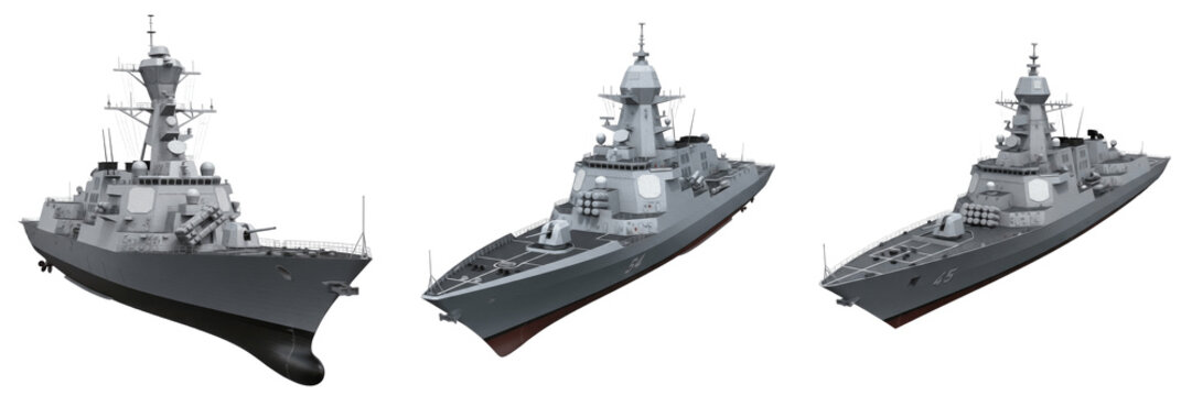 Modern naval destroyer isolated on white background, guided missile destroyer, warship, navy vessel, surface combatant, military ship, maritime defense, modern battleship, fleet destroyer