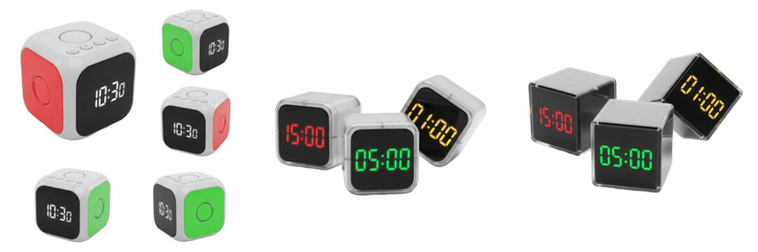 Set and collection of modern digital cube timers and 3d square alarm clocks with colorful LED displays for productivity and kitchen use isolated on white transparent PNG background