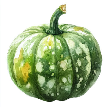 Watercolor illustration of a green speckled pumpkin isolated on a white background