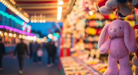 Fototapeta premium Pink Plush Rabbit Prize at Night Carnival Stall