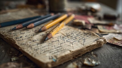Naklejka premium Vintage notebook with pencils on rustic wooden table