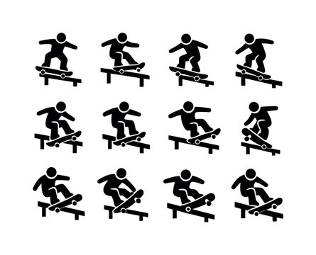 Solid vector icons of skateboard grind tricks: fifty fifty, five o, nosegrind, crooked grind, smith grind, feeble grind, salad