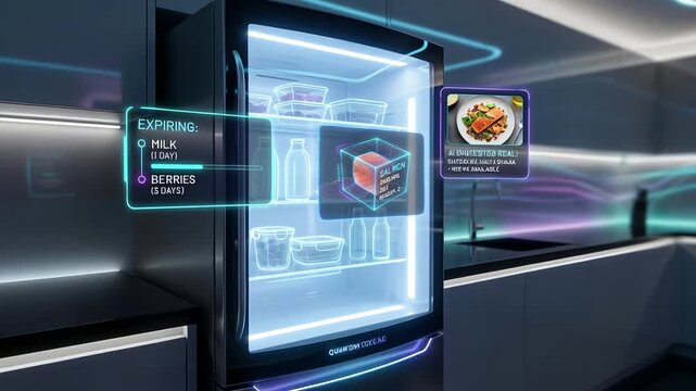 Hightech kitchen featuring holographic food tracking and alerts