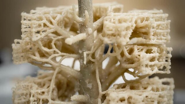 Detailed view of a dense wax pattern cluster assembly on a sprue foreground sharp with an artistically blurred background.