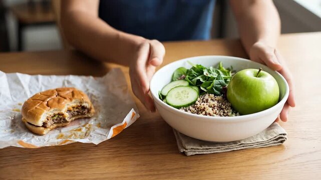 Caucasian person nutritionist choosing between fast food burger and healthy salad bowl with quinoa and apple. Healthy lifestyle and dietary choices