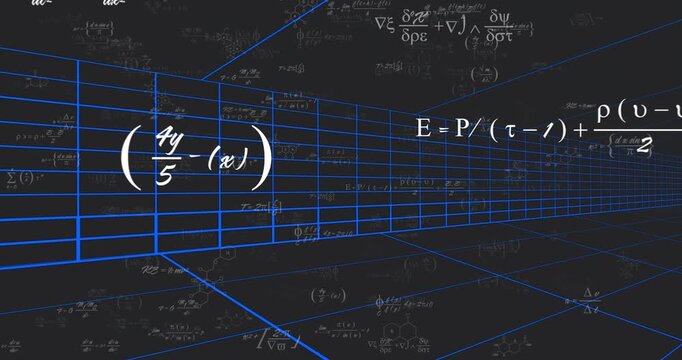 Digital wireframe corridor forming, formulas emerging and shifting to illustrate evolving equations