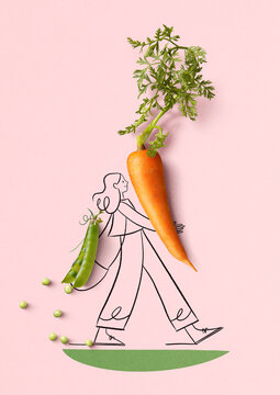 Carrot and peas forming illustrated walking figure