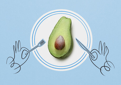 Avocado half on plate with drawn hands and cutlery