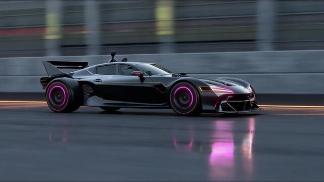 Futuristic Black Sports Car with Neon Pink Wheels Accelerating on a Wet Track vehicle