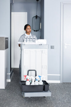 Adult focused latin maid going cart in comfortable hotel room