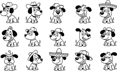 Collection of playful cartoon dogs in various hats and poses isolated on transparent background, Vector
