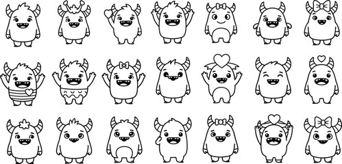 Fototapeta premium Collection of expressive cartoon creatures with varied facial emotions in black and white isolated on transparent background, Vector