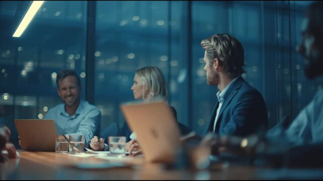 Professionals collaborating in a modern office setting during a meeting at night with laptops on the table