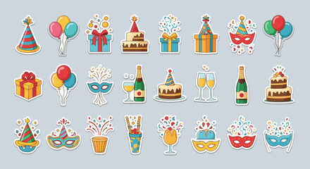 Fototapeta premium Colorful assortment of party items and celebratory decorations for festive occasions isolated on transparent background, Vector
