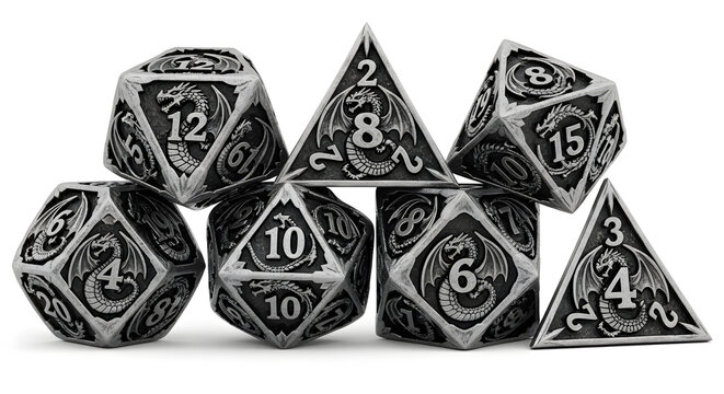 Silver Grey Dragon Polyhedral RPG Dice Set with Black Numbers for Mystical Fantasy Tabletop Gaming and Roleplay