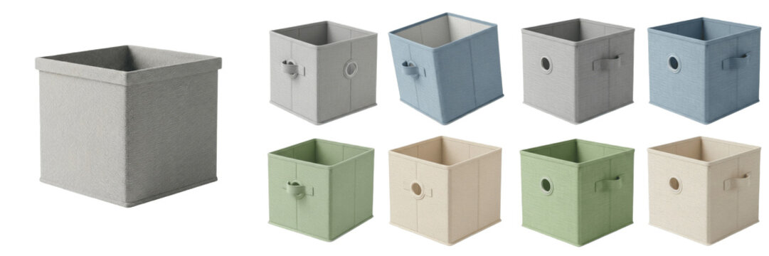 Set and collection of colorful fabric storage bins and foldable cube organizers for closet and shelf organization isolated on white transparent PNG background.
