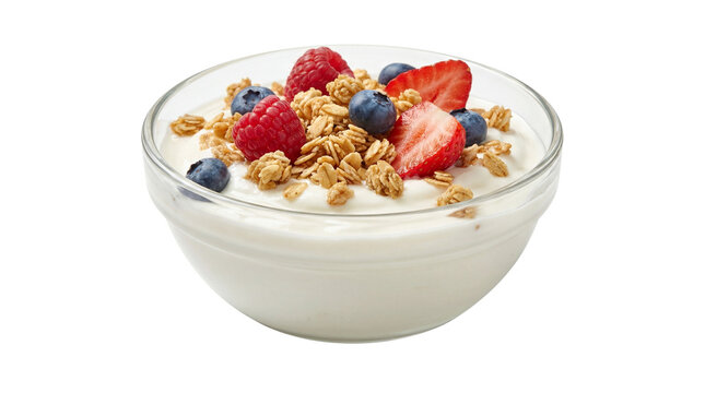 Clear glass bowl of creamy white yogurt with fresh raspberries, blueberries, strawberries, and granola on top isolated PNG with Transparent Background