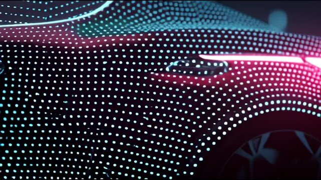 Close-up view of a futuristic car's sleek design featuring neon lights and dots from a low angle