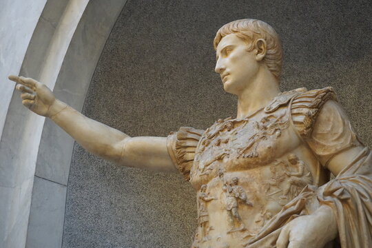 Side profile close up portrait of a marble statue of the ancient Roman emperor Augustus 