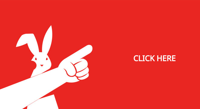 White easter rabbit and pointing finger with 'Click Here' text on red background