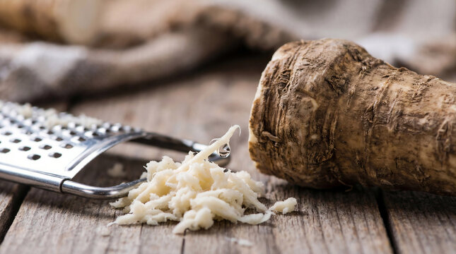 Close up fresh horseradish root with coarse grater, grated fibers with moisture bead, Passover maror symbolism