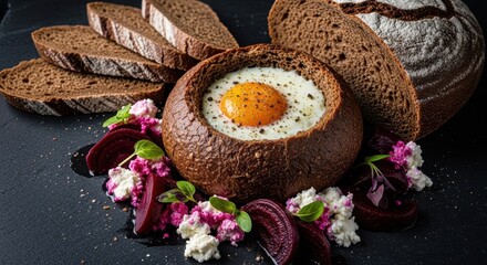 Fototapeta premium Hearty Rye Bread Bowl Featuring a Perfectly Baked Egg Surrounded by Fresh Beets and Creamy Cheese