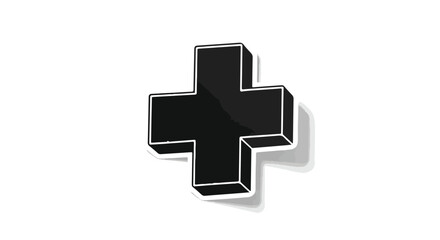 Obraz premium Black cross medical symbol with white outline and shadow on plain white background for healthcare and medical concepts