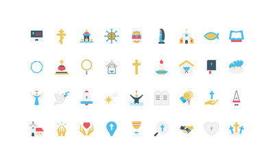 Naklejka premium Christianity symbols collection featuring church, cross, bible, angel, dove, and faith elements in simple flat style, suitable for religious education isolated vector illustration