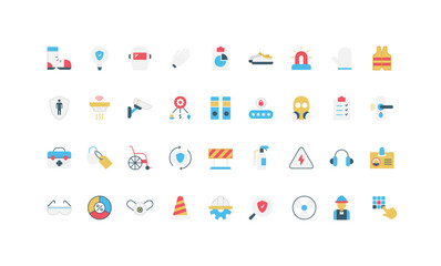 Fototapeta premium Collection of flat safety icons including protective gear, emergency, warning, health, and security symbols for workplace and public safety concepts isolated vector illustration