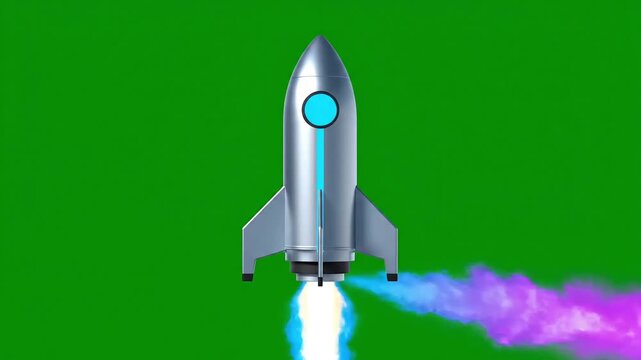 Sleek silver rocket blasting off with vibrant colorful exhaust against a green screen background.