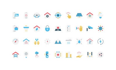 Naklejka premium Modern smart home technology icons in simple flat style showing automation, security, energy, climate, and connectivity concepts isolated vector illustration