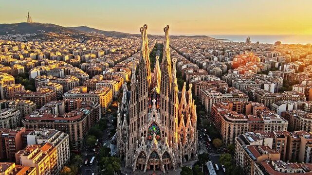 Sagrada Familia cathedral cityscape in Barcelona at golden hour sunset