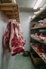 Hanging beef in butcher's cold room for storage and aging