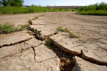 Parched Earth Revealing Historical Water Crisis at Lakebed with Cracked Soil