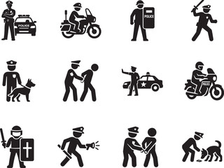 Black police officer law enforcement icon set with patrol car, K9 dog, riot shield, baton icons. © Md.Ataullah