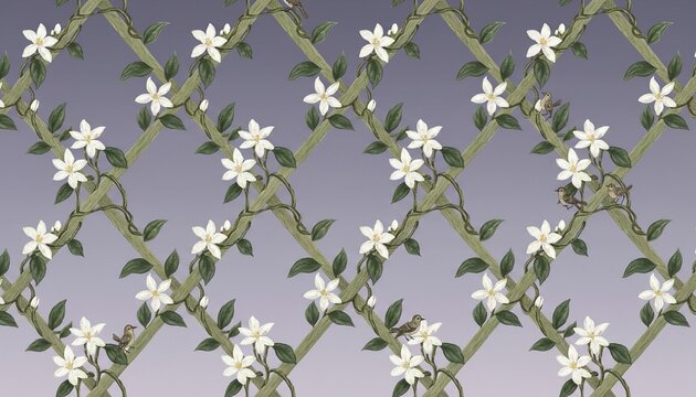 Elegant floral trellis pattern with white jasmine flowers and small birds on purple sunset