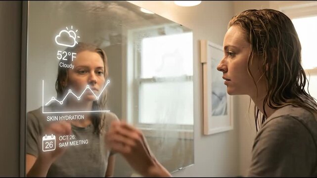 Woman Engaging with Futuristic Smart Mirror for Health and Weather Insights in Modern Bathroom