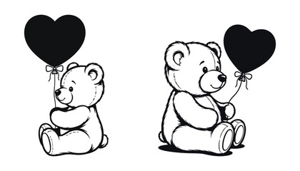 Two cute teddy bears holding heart shaped balloons in black and white illustration