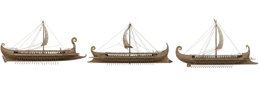 Greek trireme isolated on white background, ancient Athenian warship, classical galley, Mediterranean naval vessel, triremis, oared warship, classical Greek ship, historical naval vessel, phalanx supp