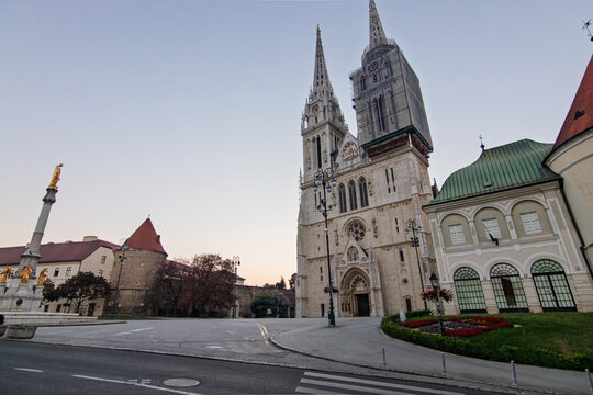Zagreb Cathedral and Historic City Square at Dusk With Twin Spires and Gothic Architecture