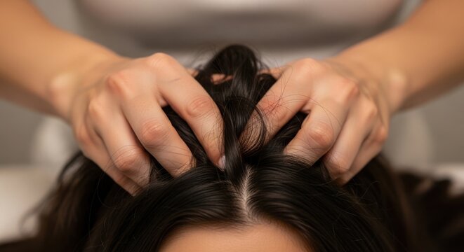 Professional hands performing invigorating scalp massage on dark hair, providing deep relaxation. Gentle scalp massage stimulates blood circulation, promoting healthy growth.