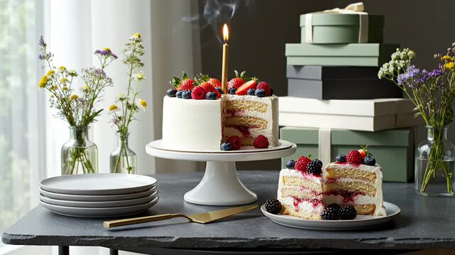 Birthday cake with berries, lit candle, and gift boxes on table