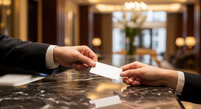 Hands exchanging blank card at professional hotel reception counter, showcasing customer service interaction. Formal attire and polished marble top define luxury hotel reception ambiance.