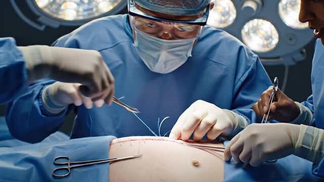 Surgeon and two assistants work on patient during surgery. The focus is on suturing skin after removing hygroma. This takes place in a well-equipped operating room