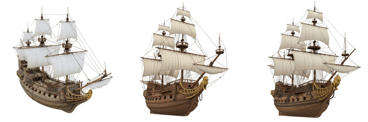 Galleon isolated on white background, 16th–17th century Spanish sailing ship, merchant and war vessel, transatlantic trade ship, large oceanic sailing vessel, historical galleon © Zakir