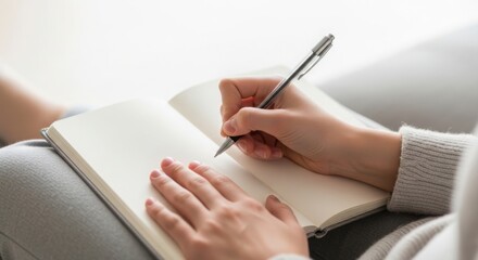 Fototapeta premium Person writing in notebook with pen on white blank pages, close up on hands. Writing in notebook activity, capturing thoughts and ideas, personal reflection.