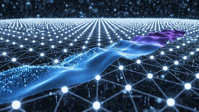 A glowing mesh of interconnected nodes forms a quantum network, with a flowing blue‑purple wave transmitting energy and data across a futuristic starry digital background.