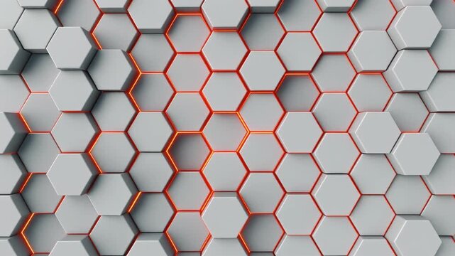 A honeycomb grid of 3D hexagonal tiles alternates raised and recessed surfaces, with recessed hexagons outlined in red, creating depth, contrast, and modern geometric design.