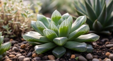 Fototapeta premium Detailed Photograph of a Green Succulent Plant Growing in Soil