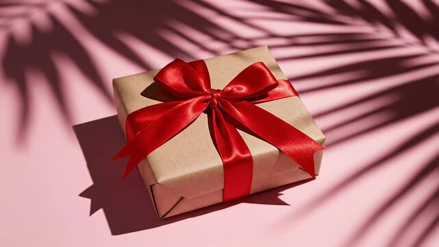 Brown gift box with red bow on pink background with shadows